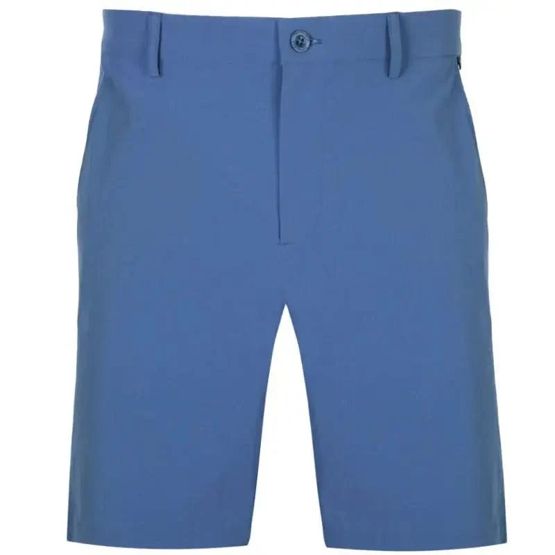 A pair of plain blue men's golf shorts, featuring a button closure and belt loops.