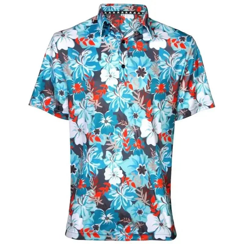 A vibrant men's short-sleeve polo shirt featuring a blue, white, and red floral pattern on dark background.