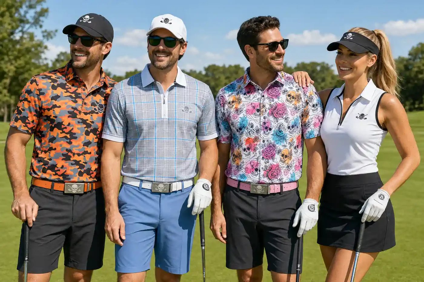 Four smiling golfers in stylish skull-themed attire pose on a sunny golf course.