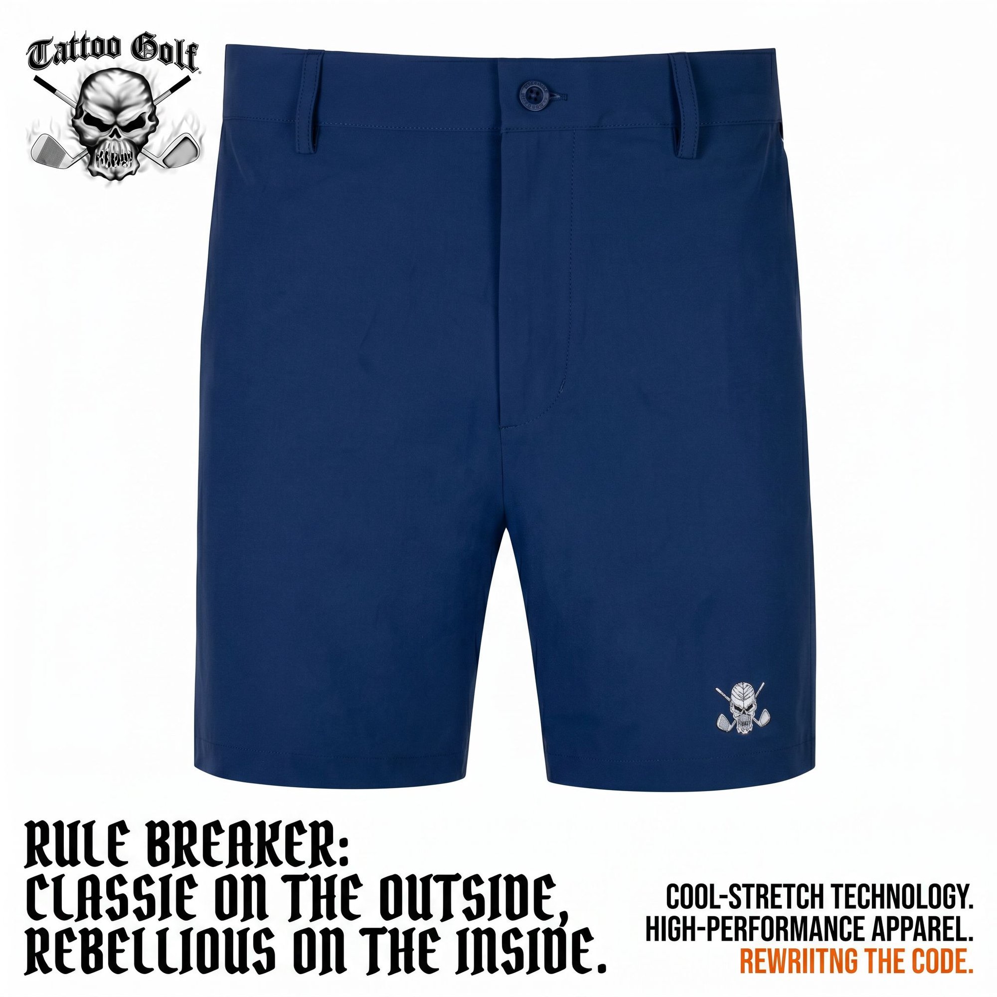 Navy blue men's golf shorts with a skull and golf clubs logo, featuring text 'Tattoo Golf'.