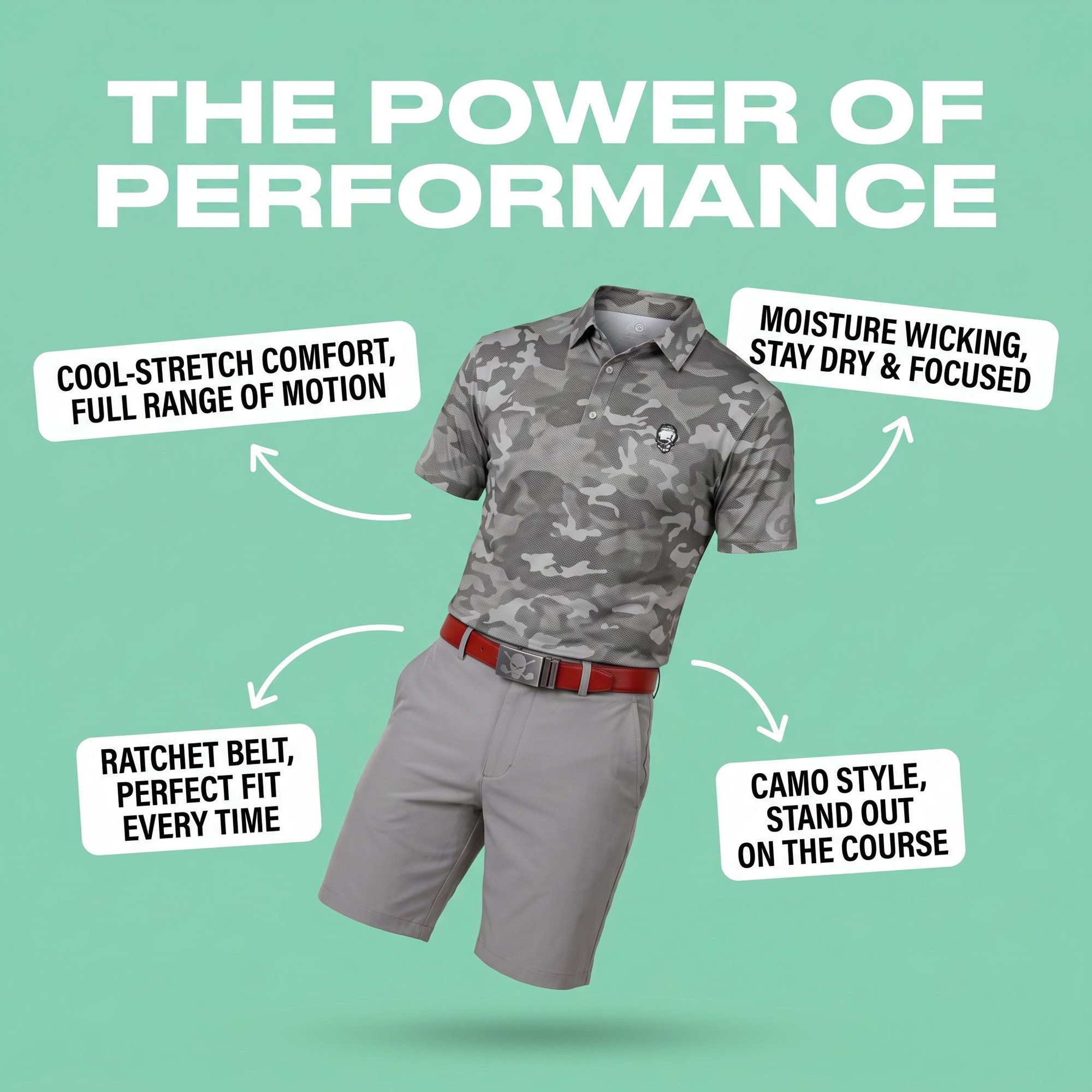 A golf outfit featuring a camo polo, grey shorts, and red belt with performance features highlighted.