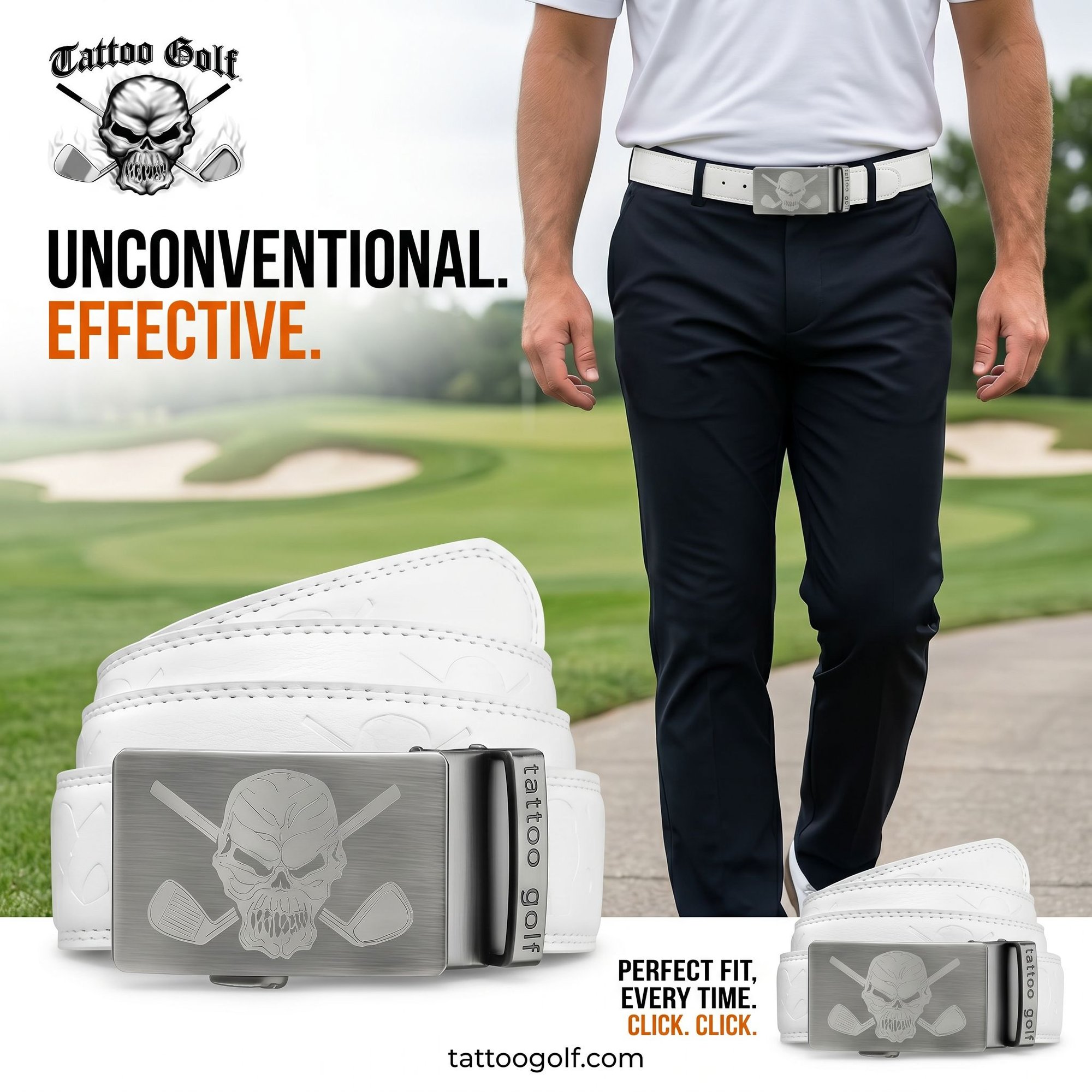 A man on a golf course wearing a white Tattoo Golf belt with a skull and golf clubs buckle.