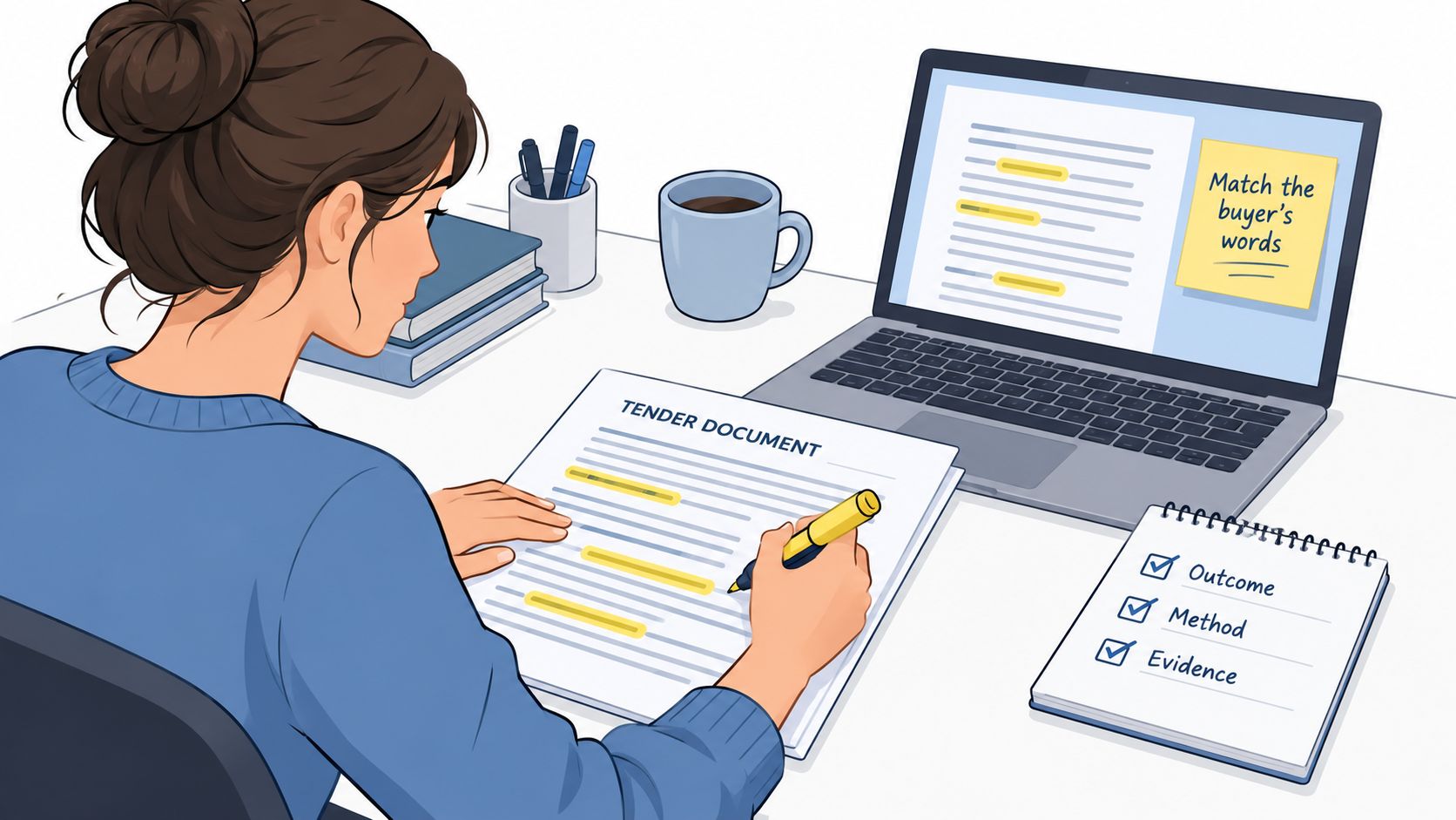 A woman sitting at a desk, carefully highlighting a tender document while following digital guidelines.