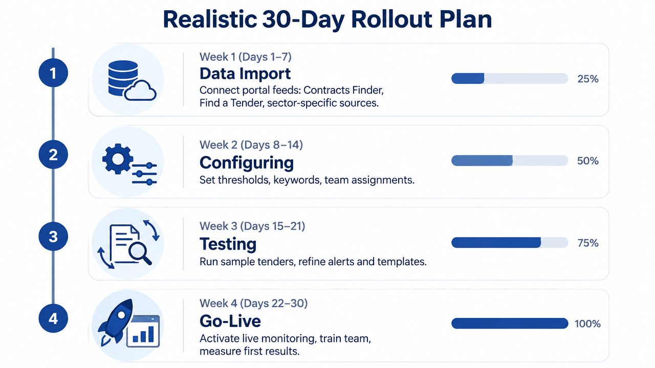 A 30-day timeline chart illustrating a four-stage rollout plan for tender software implementation from data import to go-live.