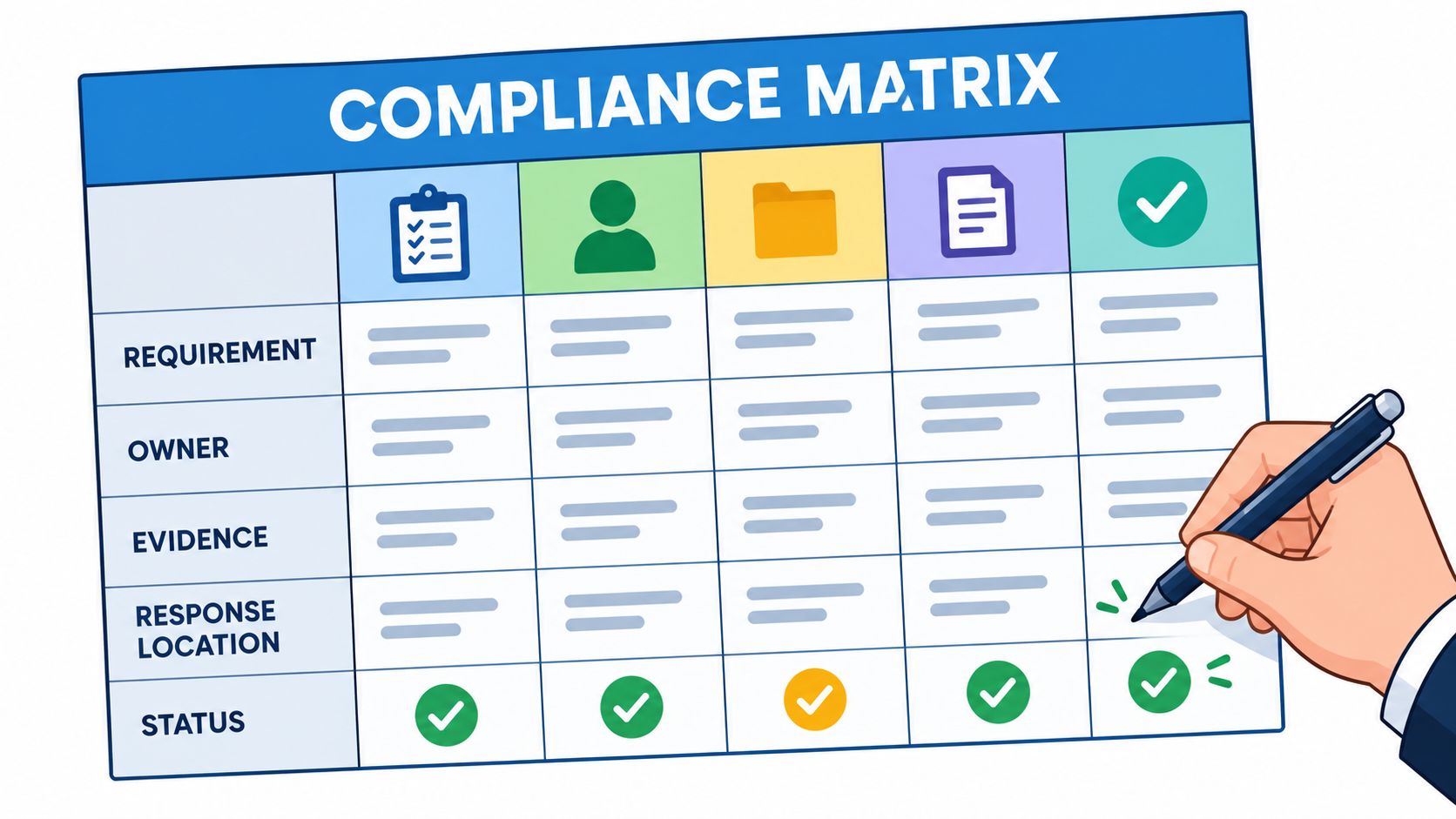 A hand filling out a professional compliance matrix document with checkboxes and status icons for business requirements.