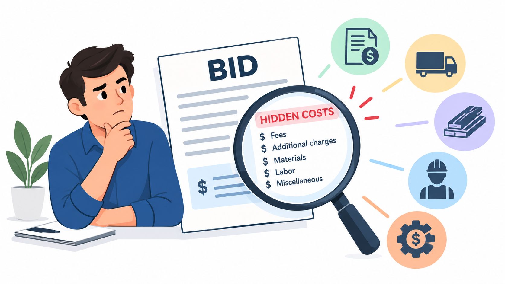 A man looks thoughtfully at a bid document under a magnifying glass revealing hidden construction costs.