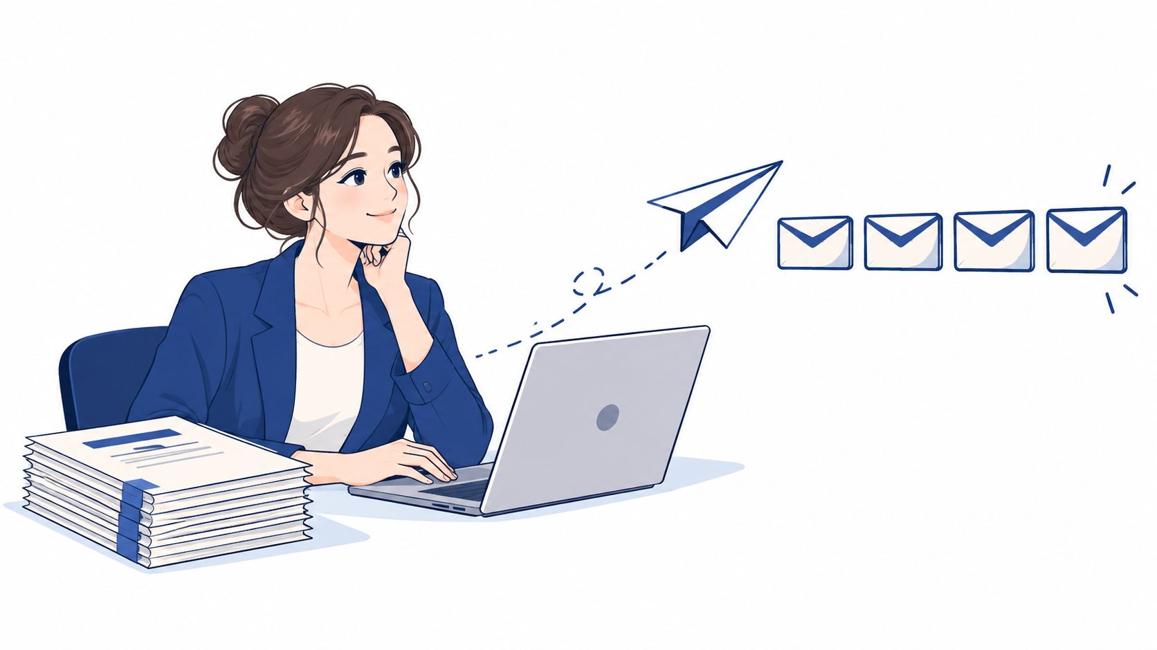 A professional woman working on her laptop with digital mail icons appearing as she works