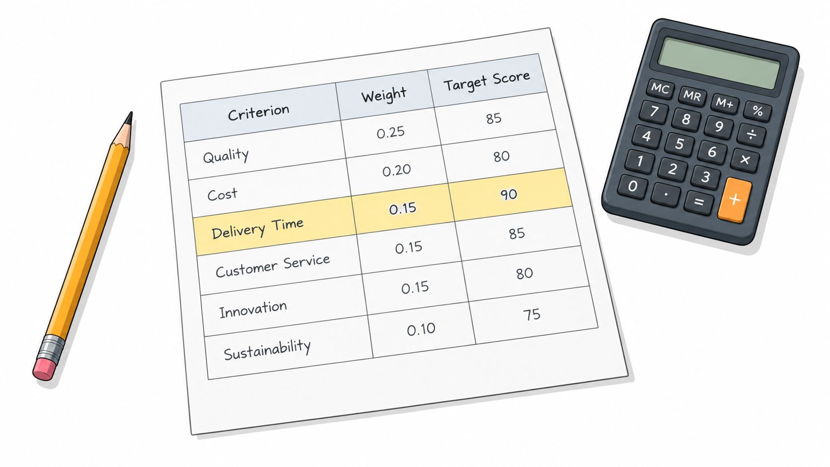 A table showing weighted criteria and target scores for a business project next to a pencil and calculator.