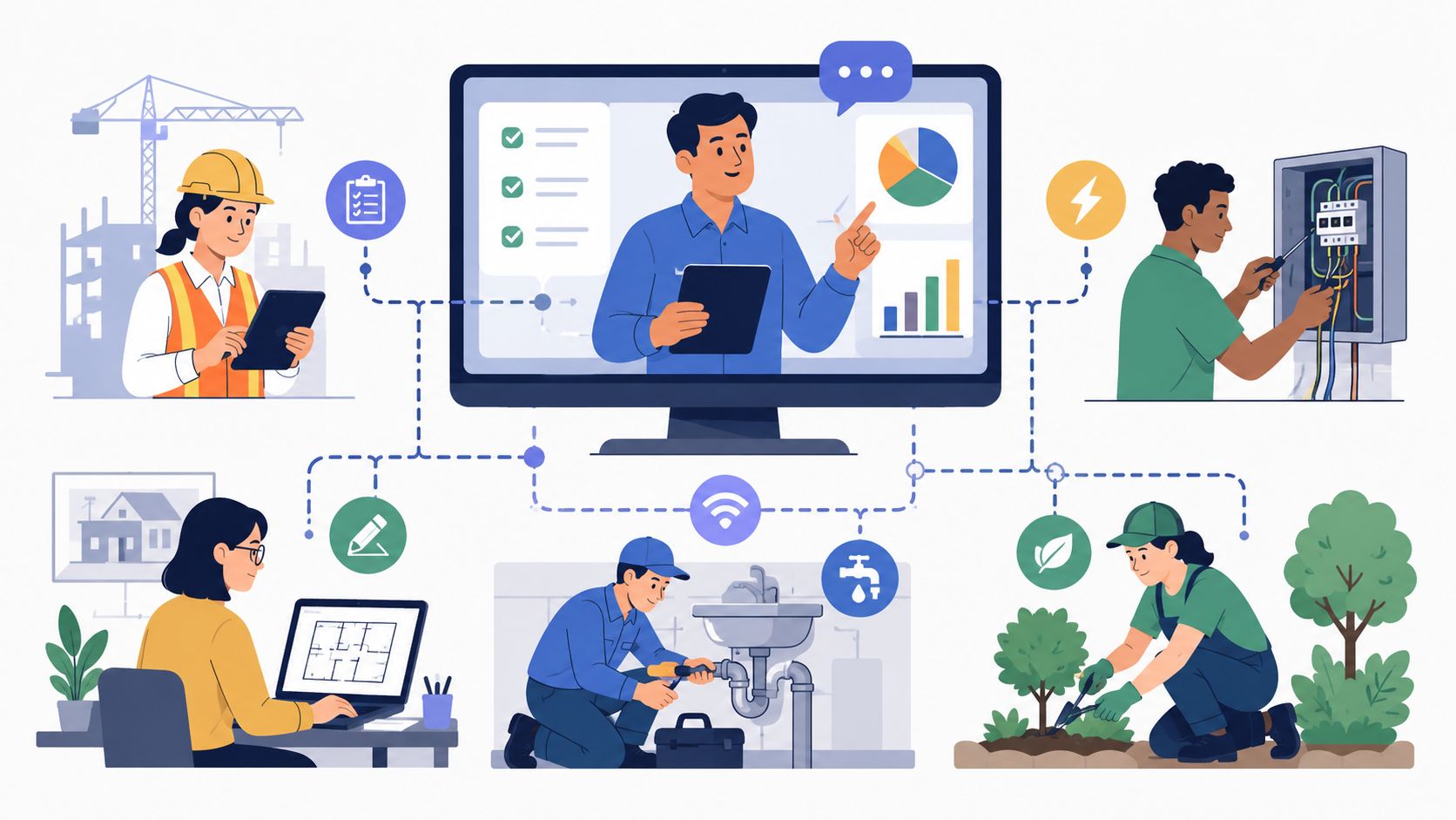 A digital illustration showing a central monitor connecting various professionals, including an engineer, electrician, architect, plumber, and gardener.