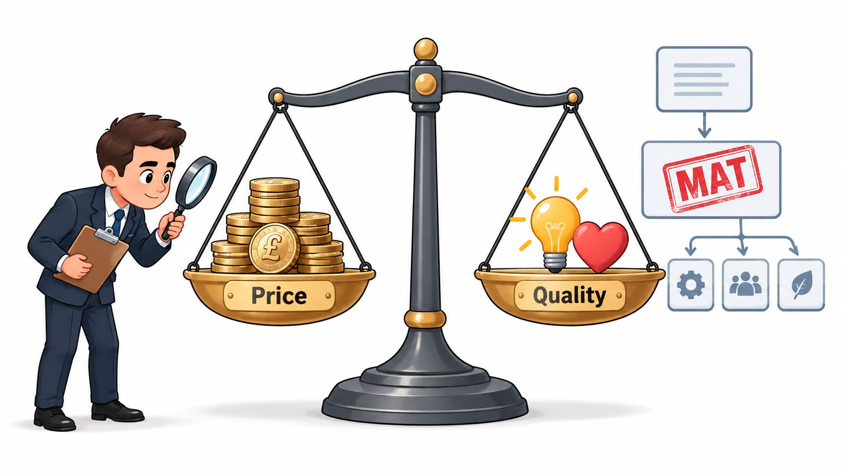A businessman inspects a balance scale weighing British pound coins for price against quality symbols like a lightbulb and heart.
