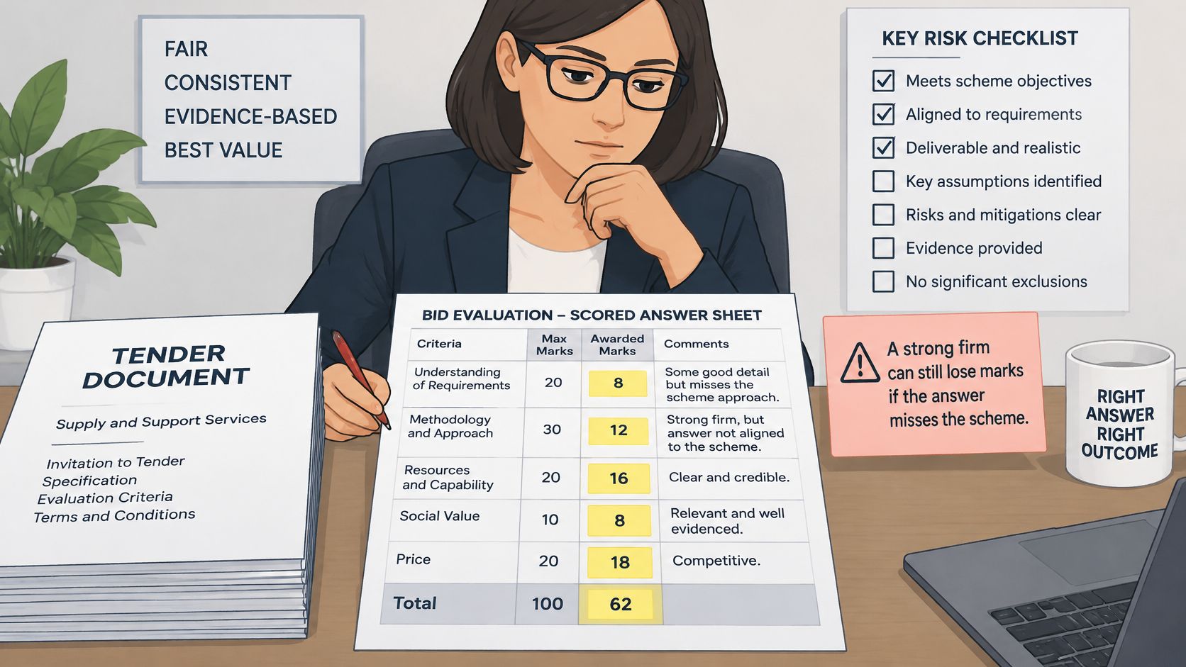 A professional evaluator reviews a tender document and fills out a scored bid evaluation sheet at her desk.