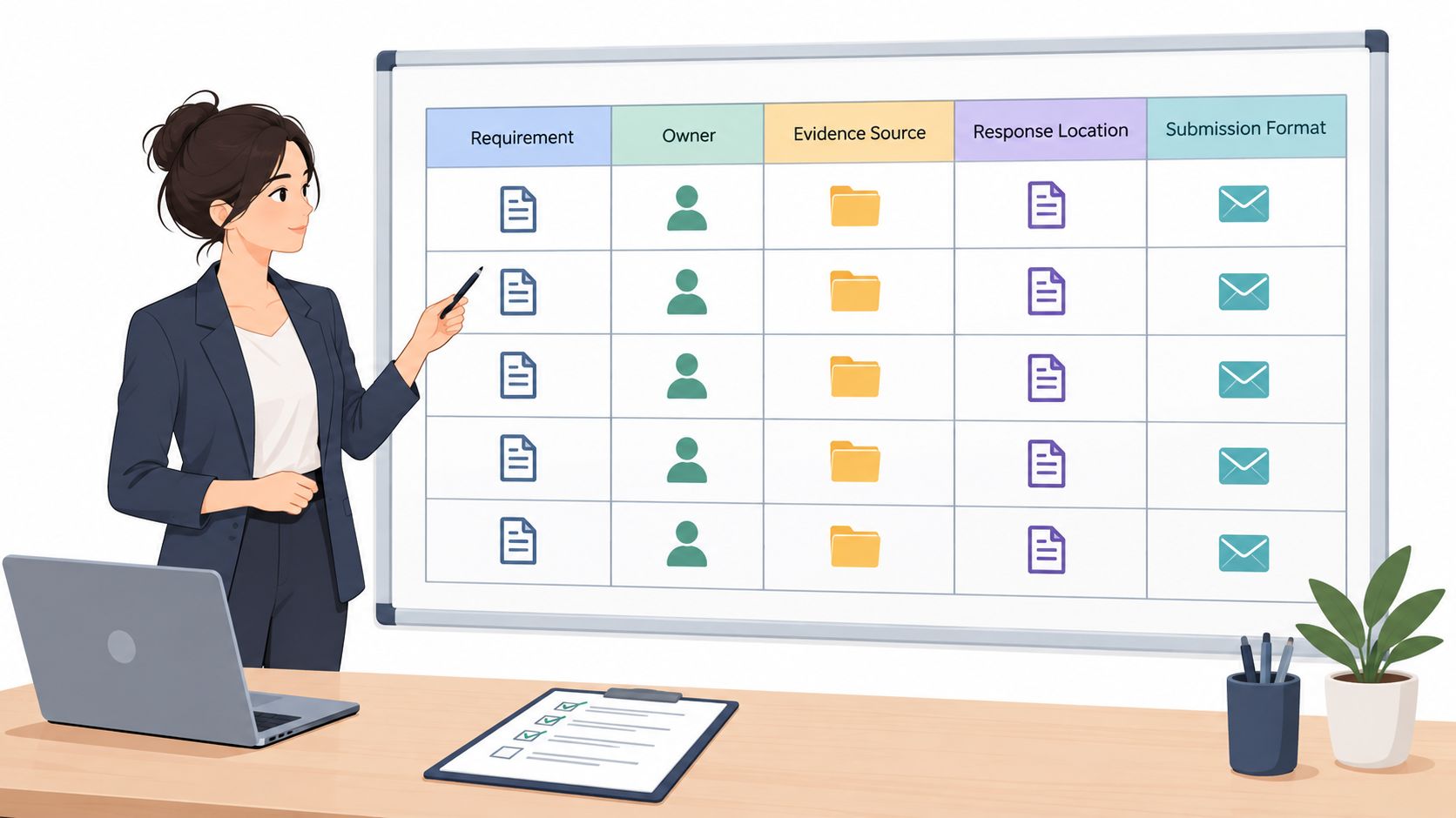 A professional woman presenting a project management requirement table on a large whiteboard in an office.