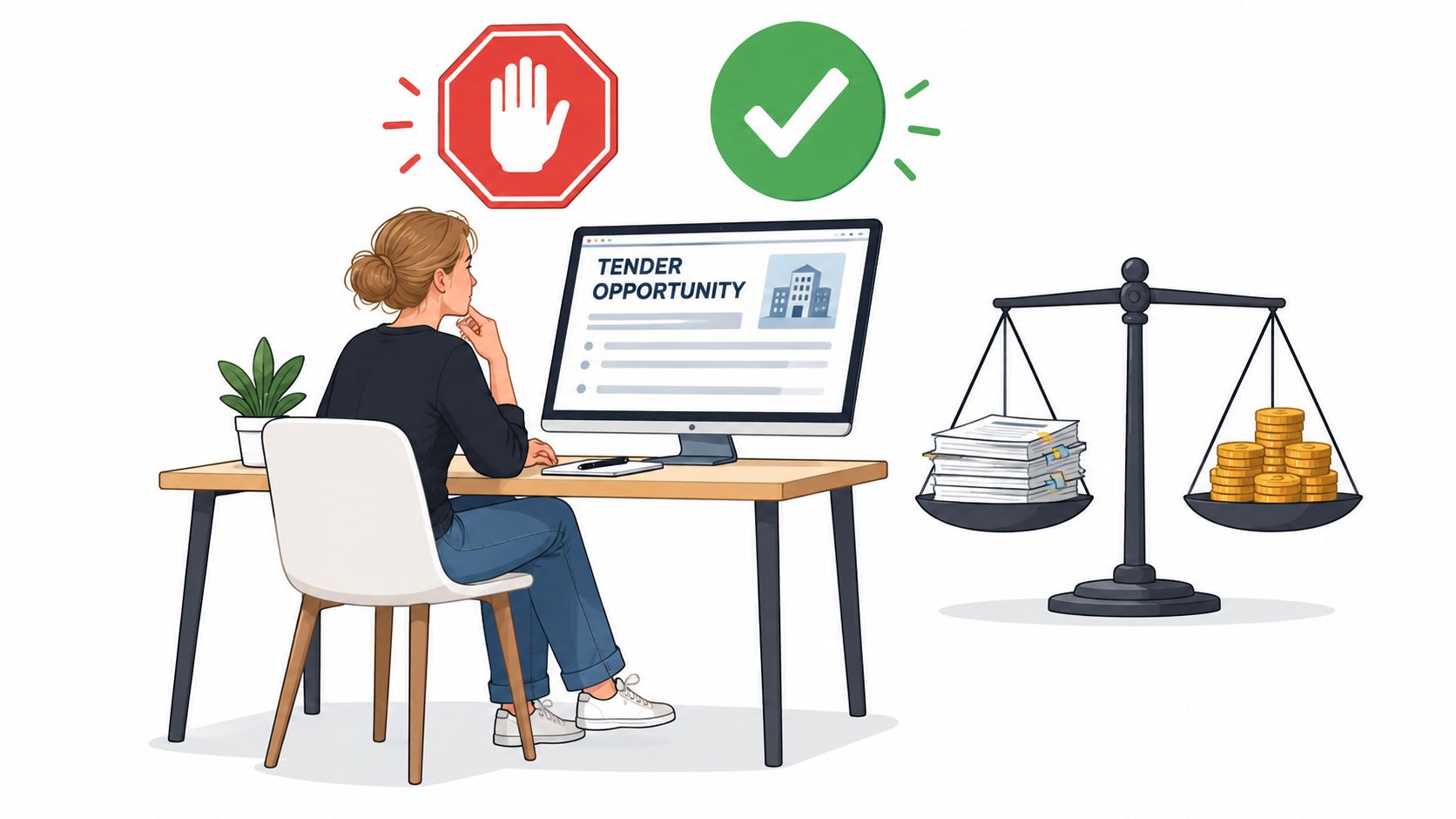 A woman considering a tender opportunity on a computer screen next to a scale balancing documents and coins.