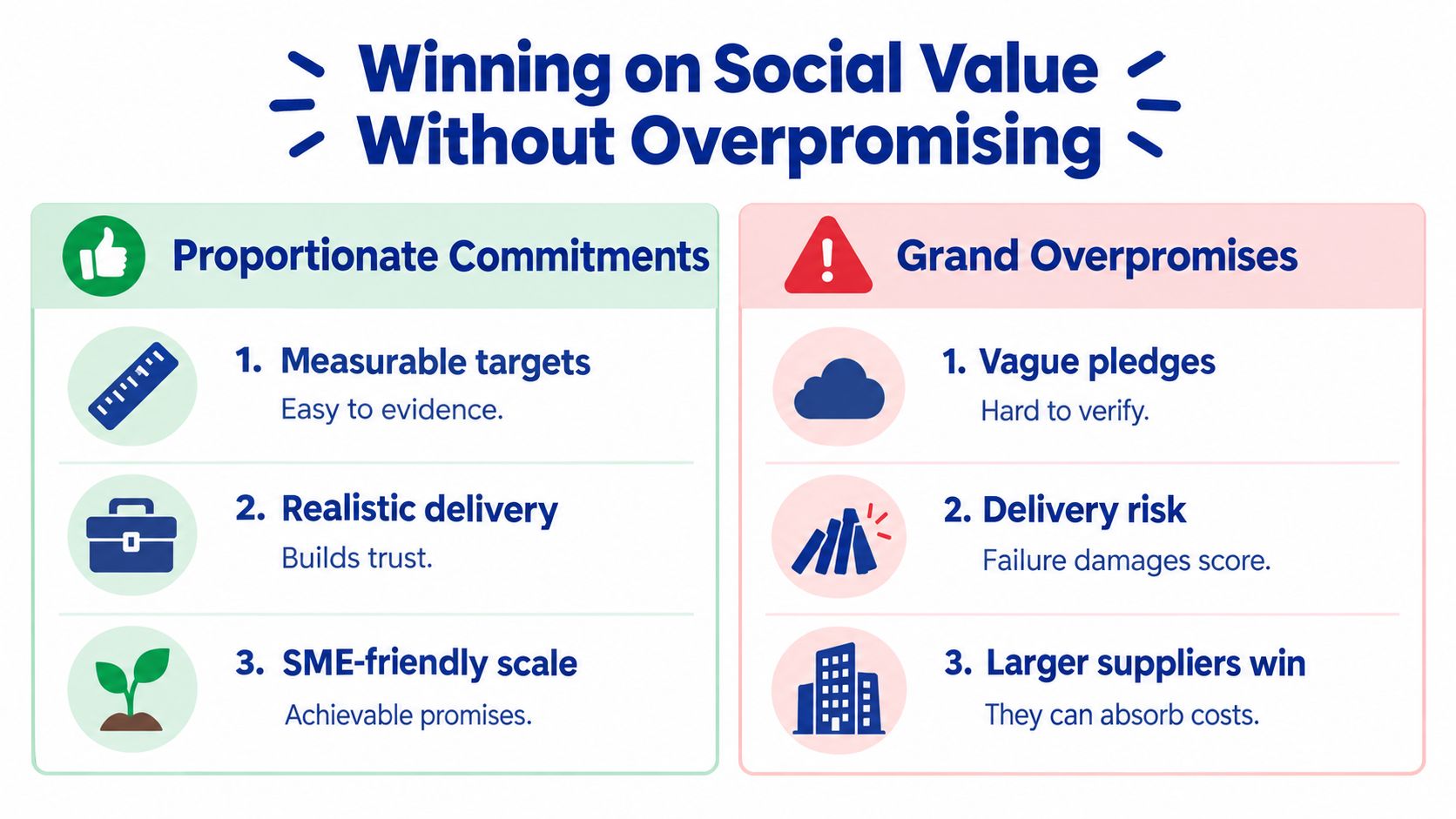 A comparison chart showing how to win on social value by making proportionate, realistic, and measurable commitments.