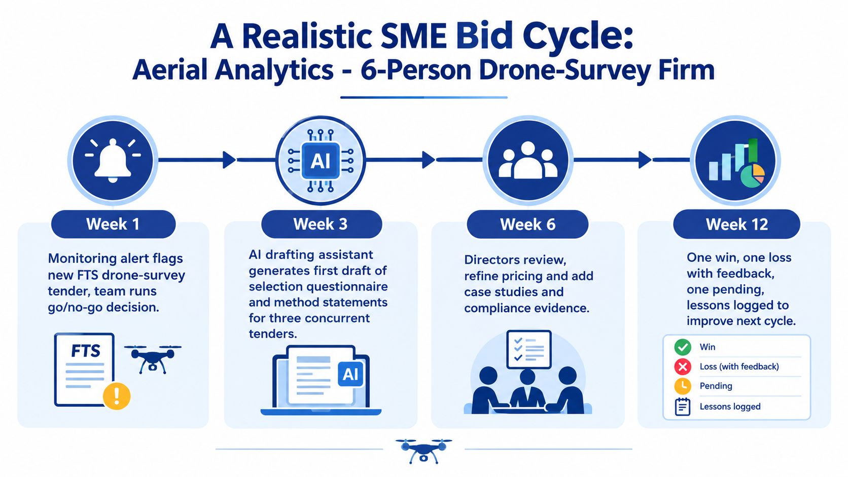 A diagram illustrating a four-stage bid cycle for an SME drone-survey firm, from monitoring tenders to final outcomes.
