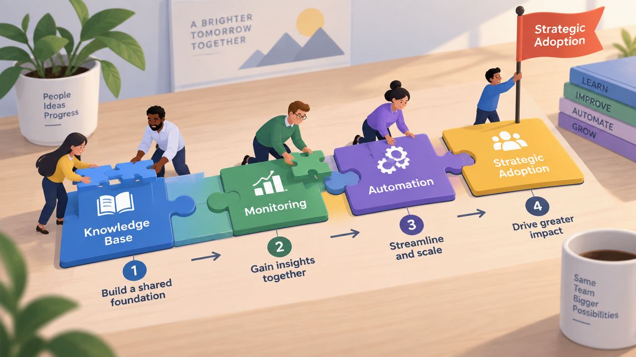 A diverse team assembling a puzzle representing the four steps of business growth and strategic adoption.