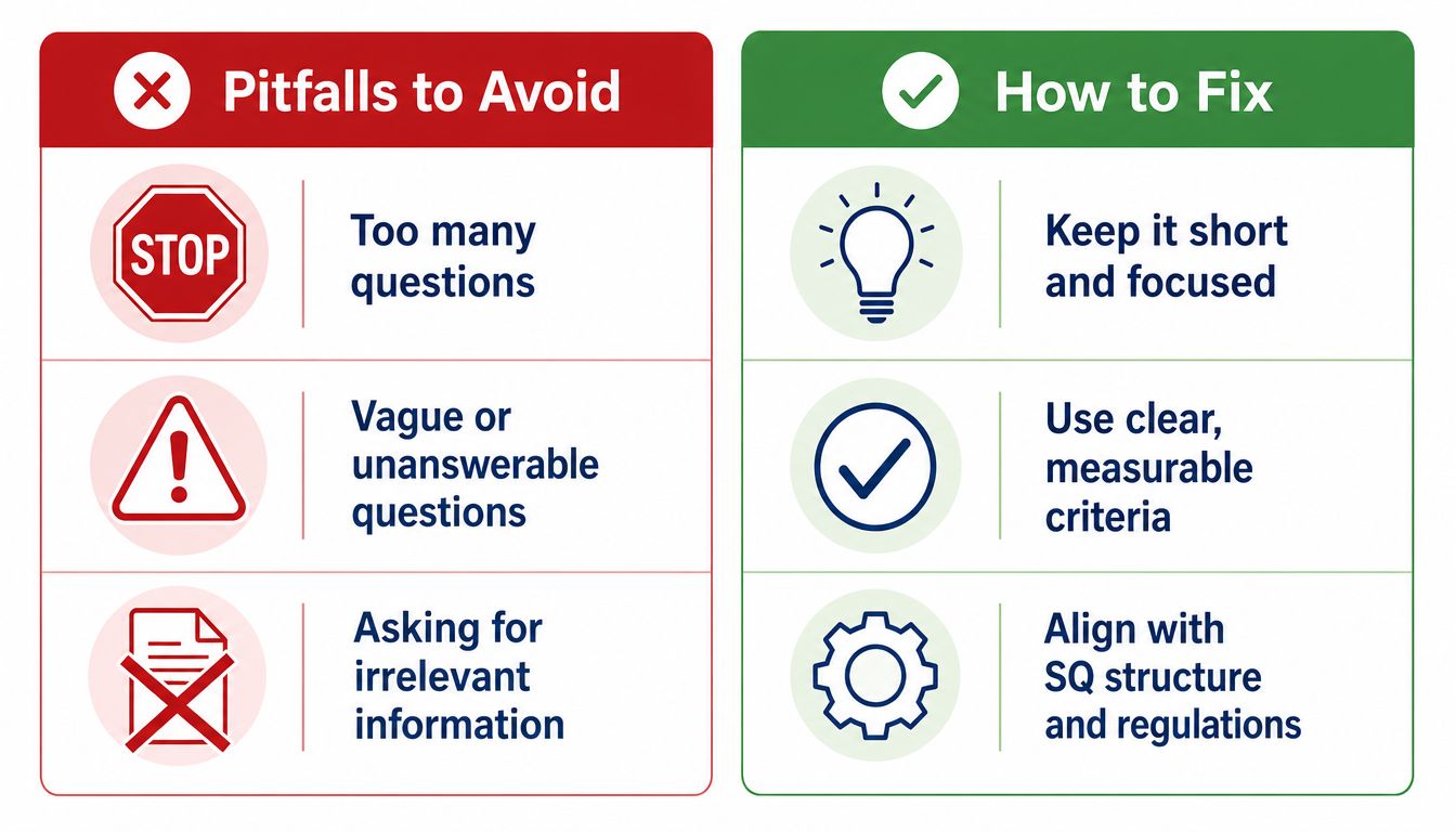 A comparison chart showing common questionnaire pitfalls to avoid and their corresponding solutions for effective survey design.