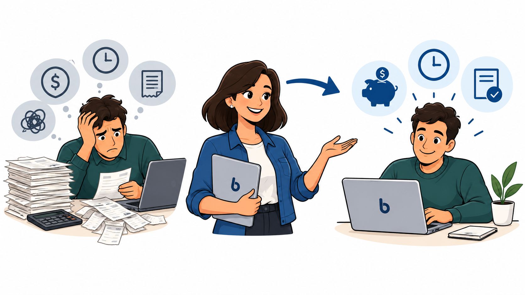 A woman helping a stressed man with paperwork, transforming his workspace into an organized and productive environment.