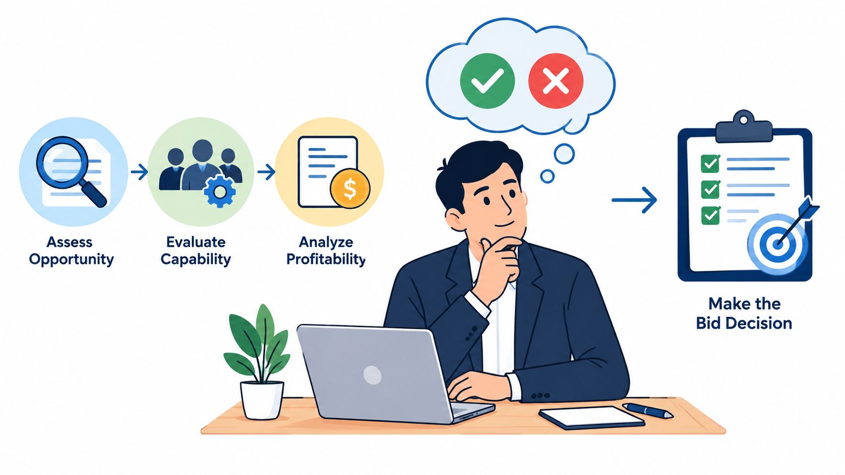 A professional man evaluating business opportunities and profitability to make a strategic bid decision.