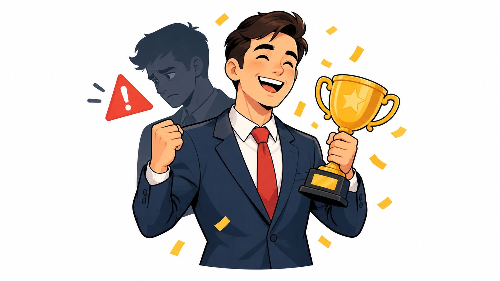 A successful businessman holding a golden trophy with a shadowed, sad version of himself in the background.