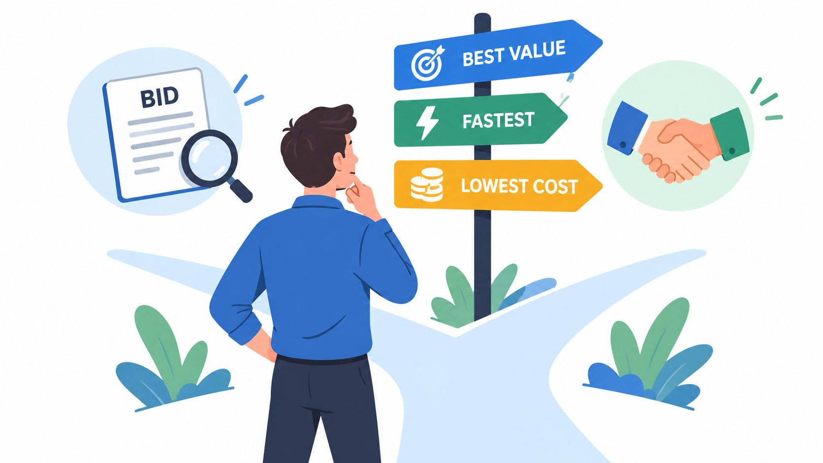A businessman standing at a crossroad sign considering best value, speed, or lowest cost when choosing bids.