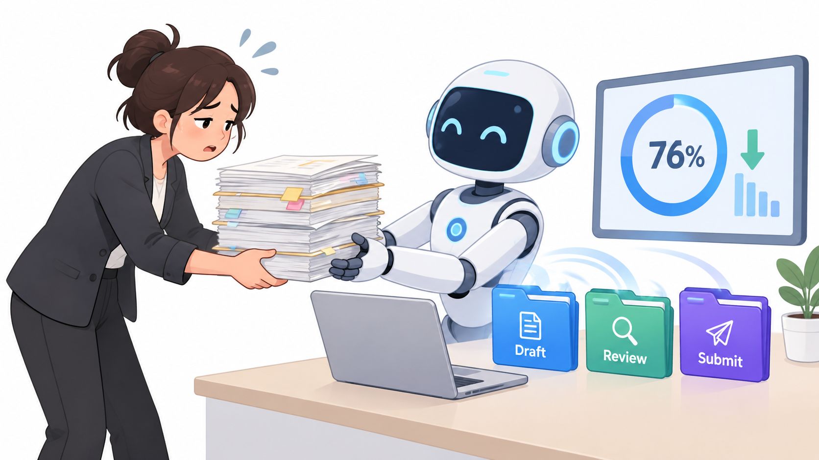 An illustration of a stressed office worker handing a large stack of papers to a helpful robot.