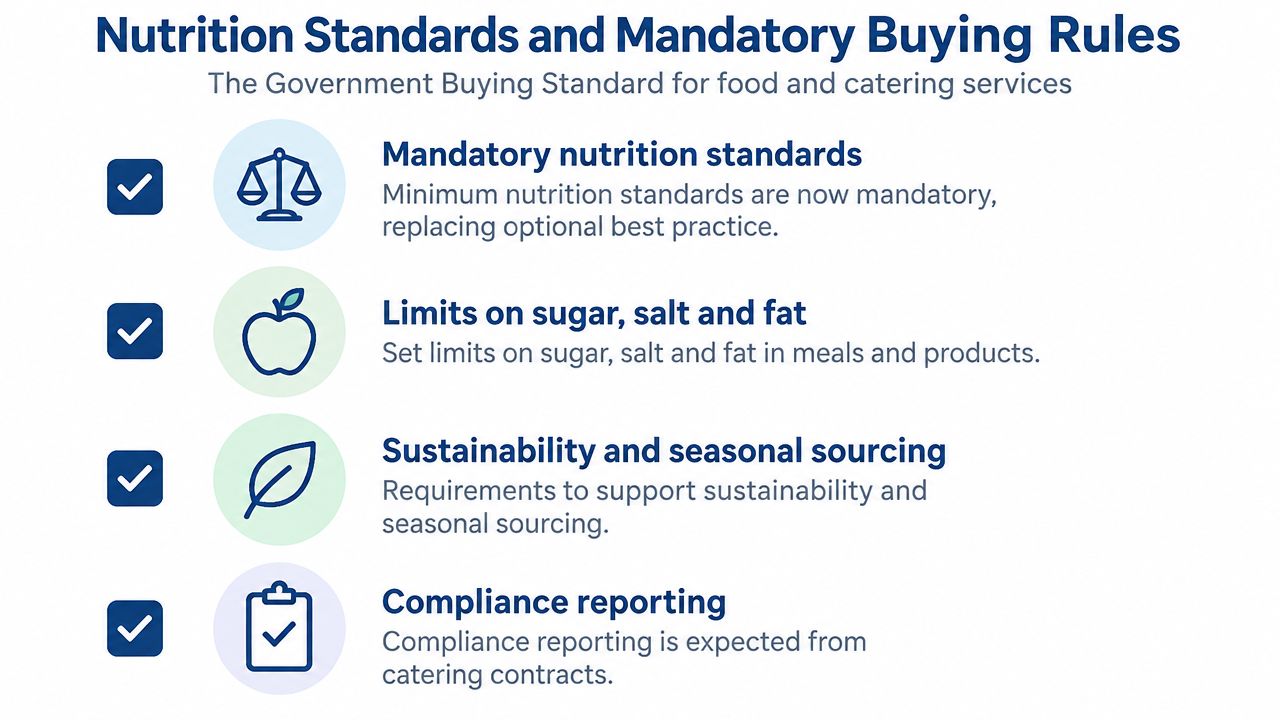 An infographic detailing Government Buying Standards for food and catering, including nutrition, sustainability, and compliance reporting.