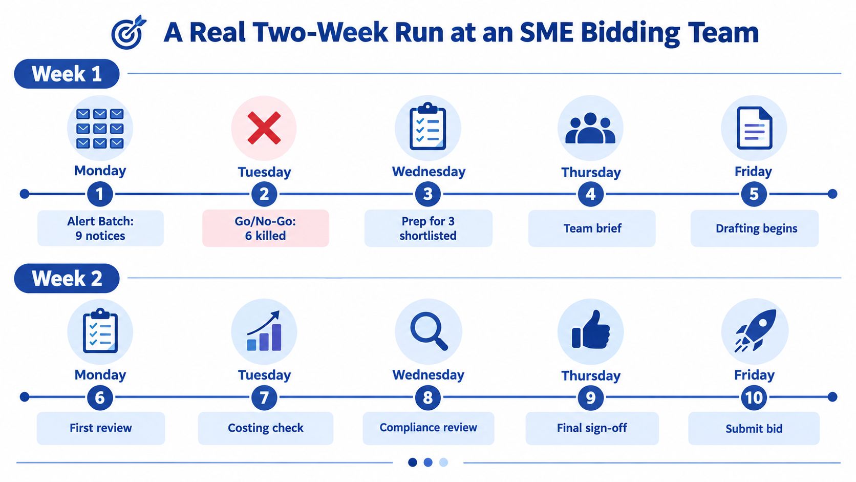 A flowchart showing a two-week schedule for an SME bidding team to prepare and submit tenders.