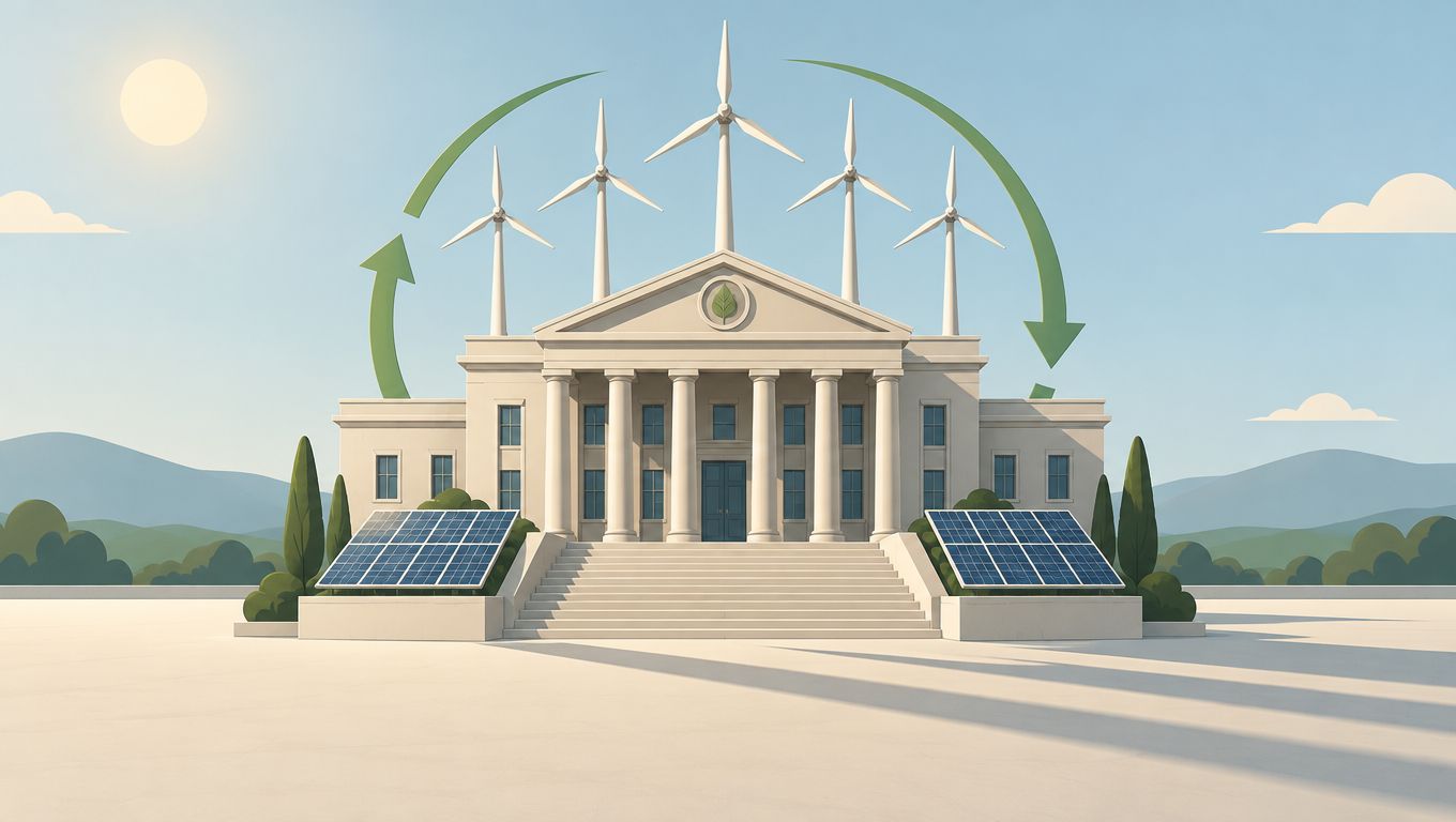 A majestic government building featuring integrated wind turbines and solar panels under a bright sunlit sky.