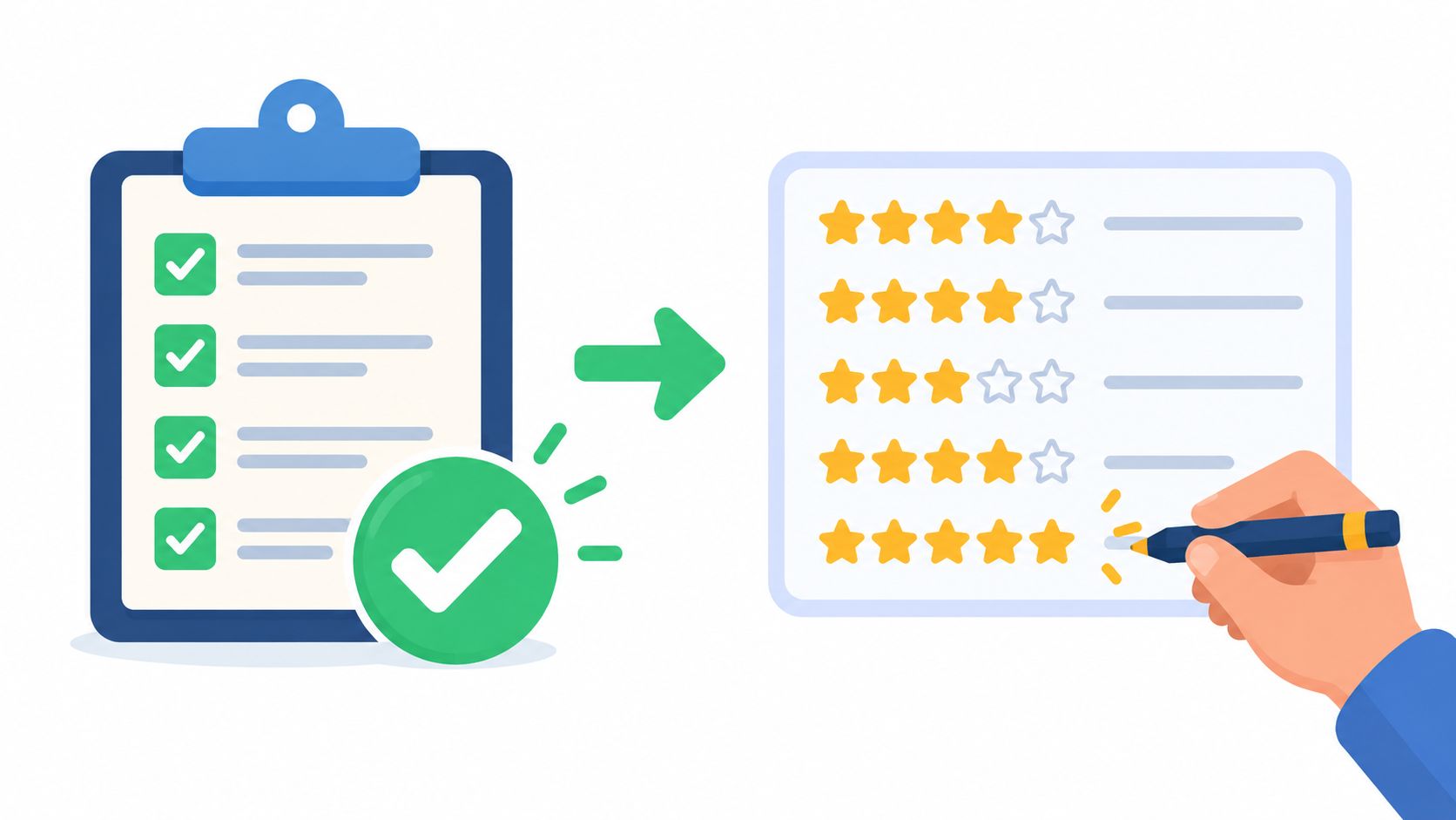A clipboard with a checklist leading to a five-star customer review rating form being filled by hand.
