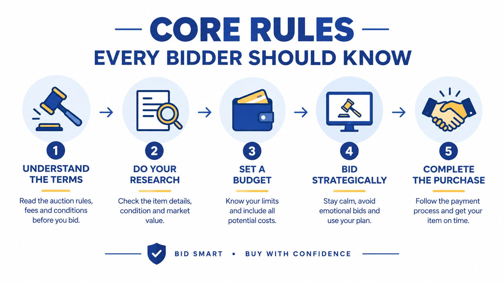 A five-step guide on core rules for auction bidders to follow when purchasing items online safely.