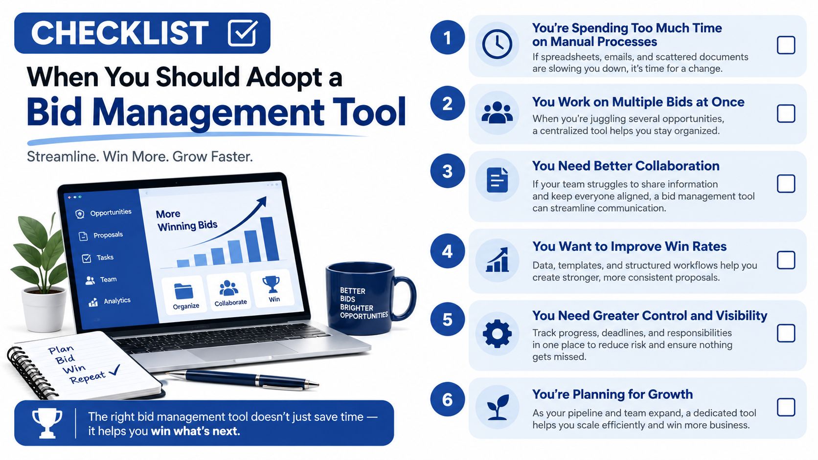 A checklist infographic illustrating six key reasons why businesses should adopt a professional bid management tool.