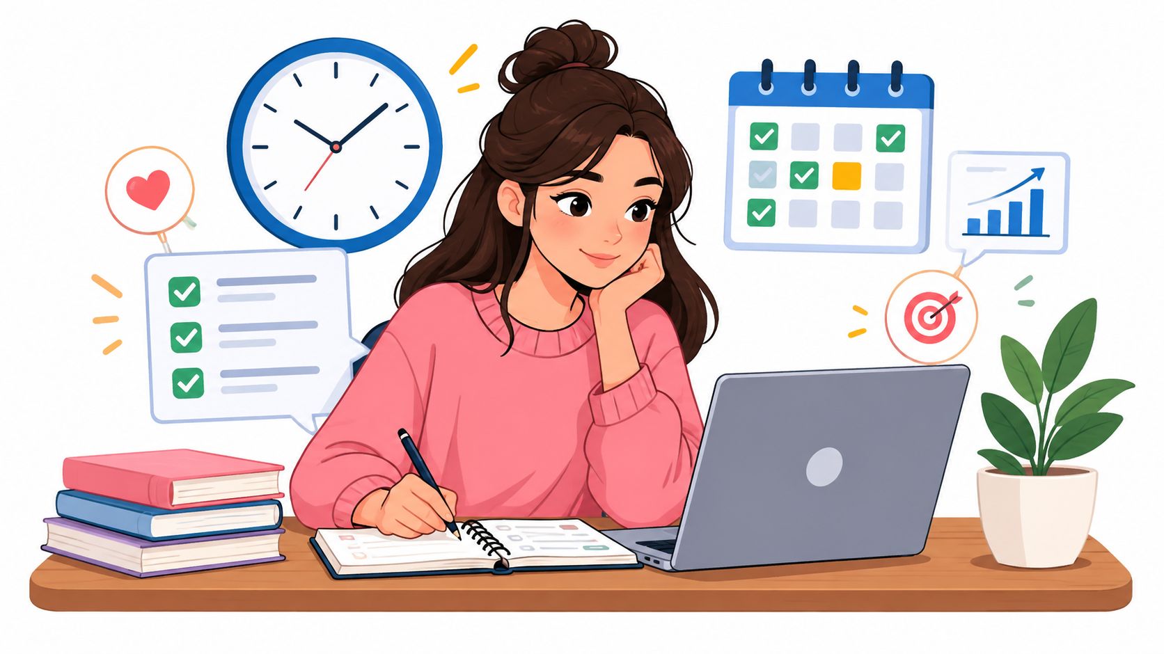 A young woman sitting at a desk with a laptop, books, and icons representing productivity and planning.