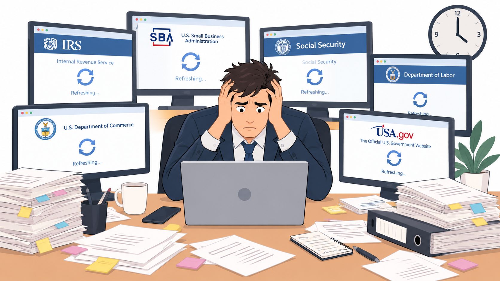 A stressed businessman sits at his desk surrounded by multiple computer screens displaying government websites and paper stacks.