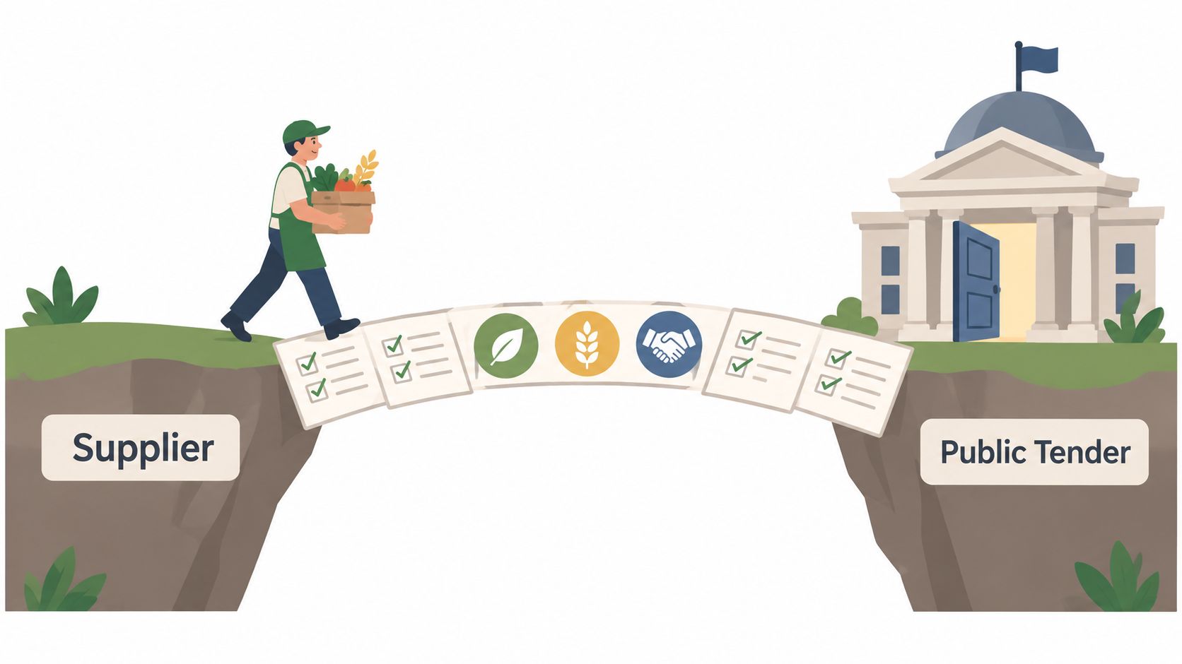 A supplier carrying a crate of produce walking on a bridge leading to a government building.
