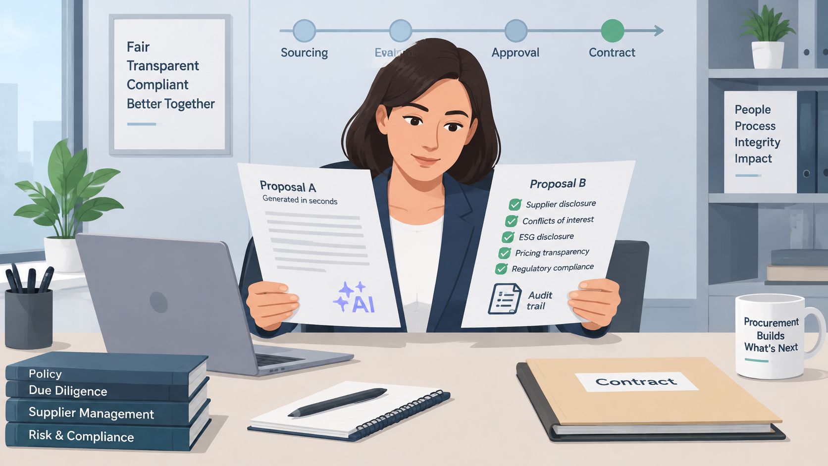 A professional woman in an office compares two business proposals while working on an automated procurement process.