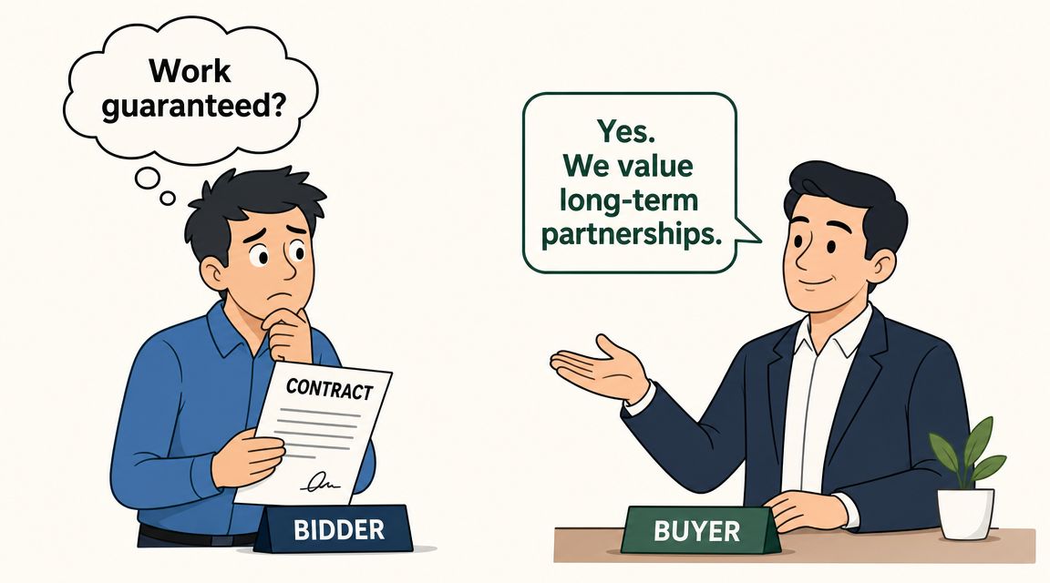 A bidder looking at a contract with concern while a buyer offers a long-term partnership assurance.