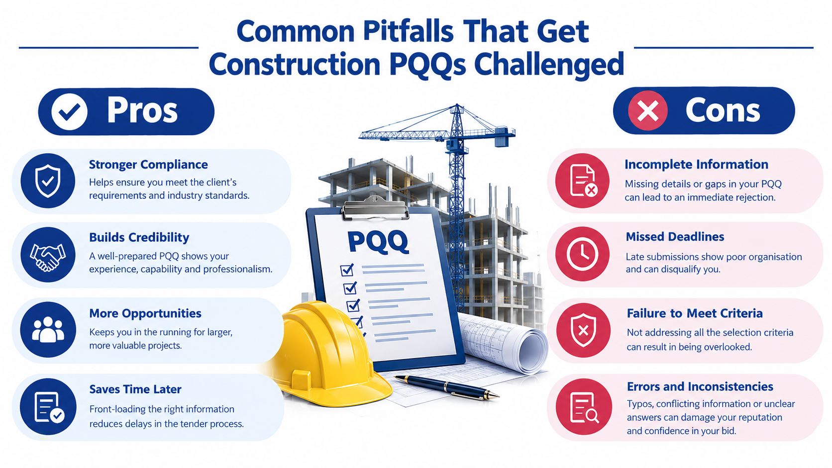 A visual guide illustrating the pros and cons of completing a pre-qualification questionnaire for construction projects.