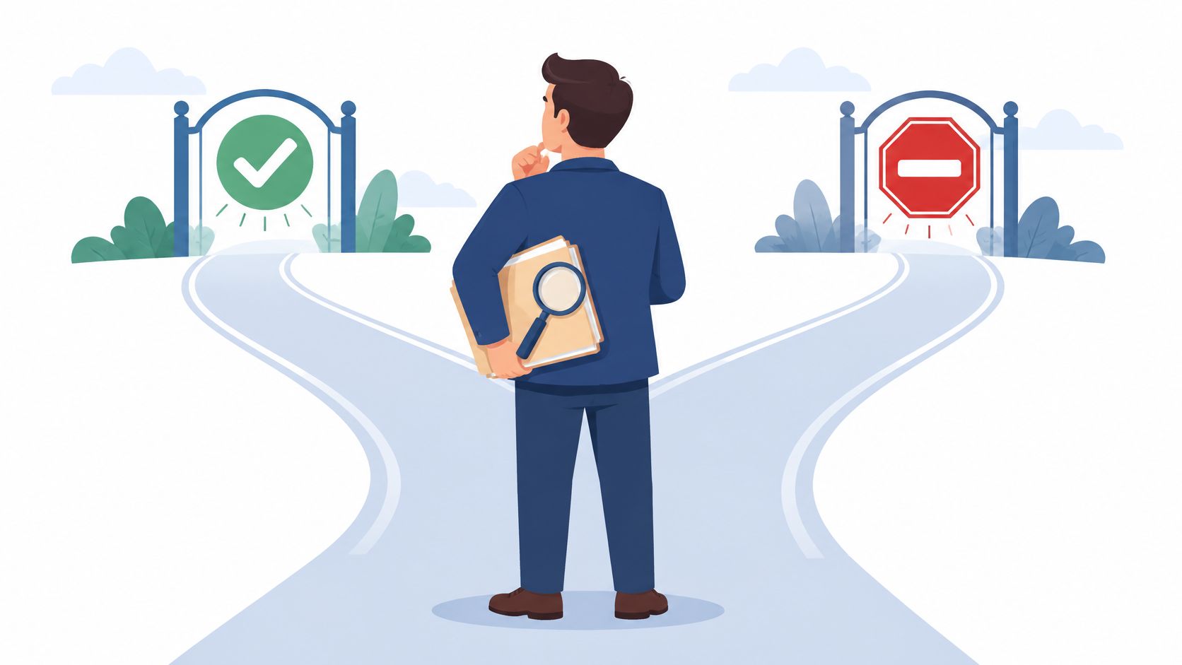 A businessman standing at a fork in the road contemplating between a correct path and a prohibited one.