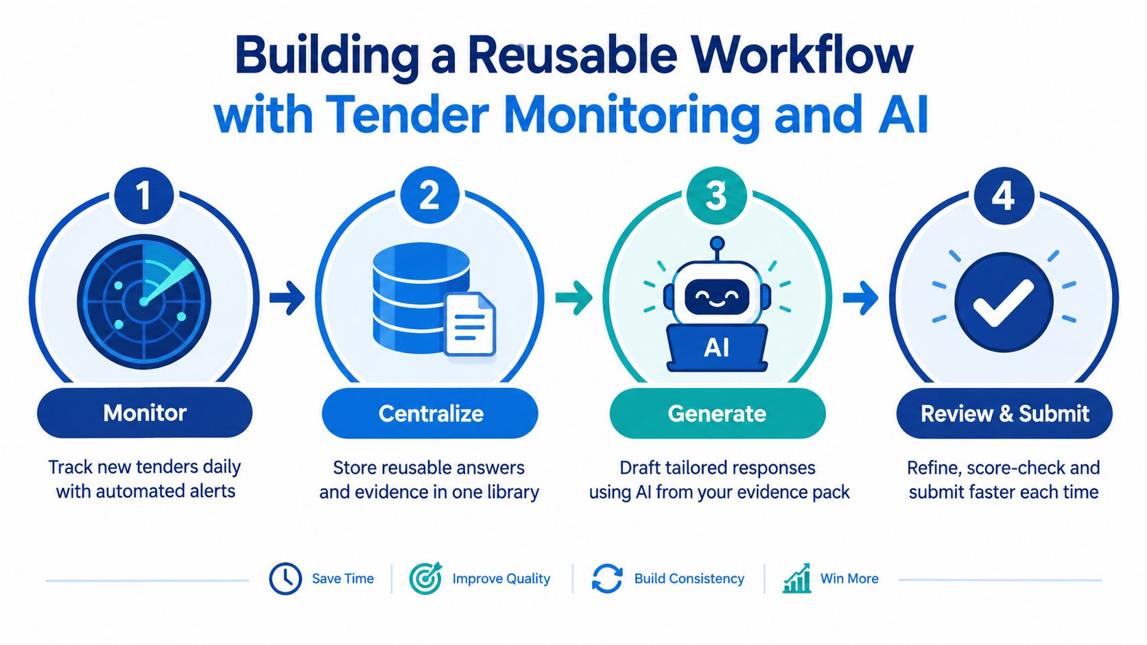 A diagram outlining a four-step reusable workflow process for tender monitoring and AI-assisted proposal generation.