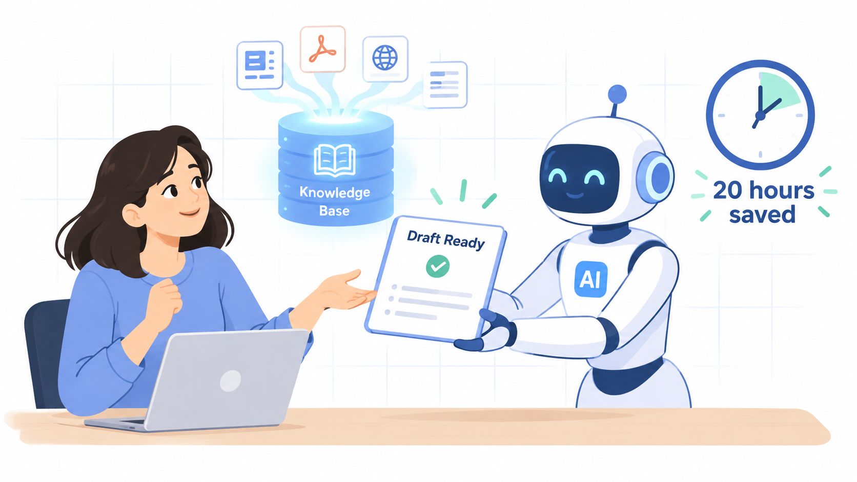 A friendly robot assistant delivering a completed draft document to a woman working on her laptop.