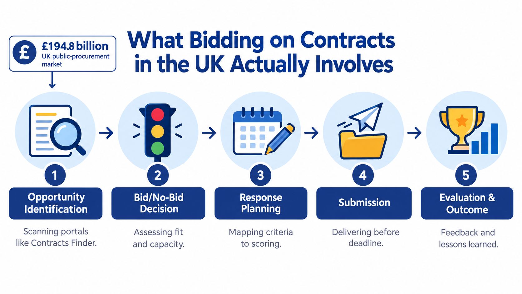 A five-step infographic showing the process for bidding on public procurement contracts in the UK.