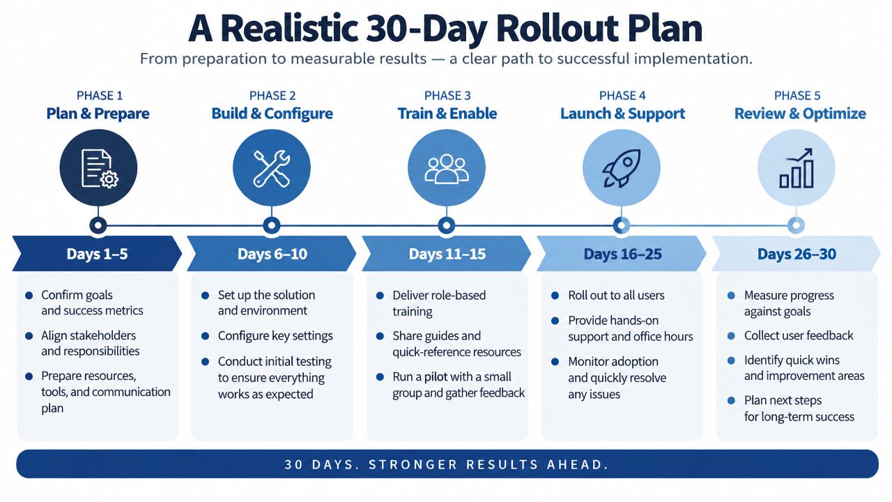 A 30-day business rollout plan infographic broken down into five distinct phases from preparation to final review.