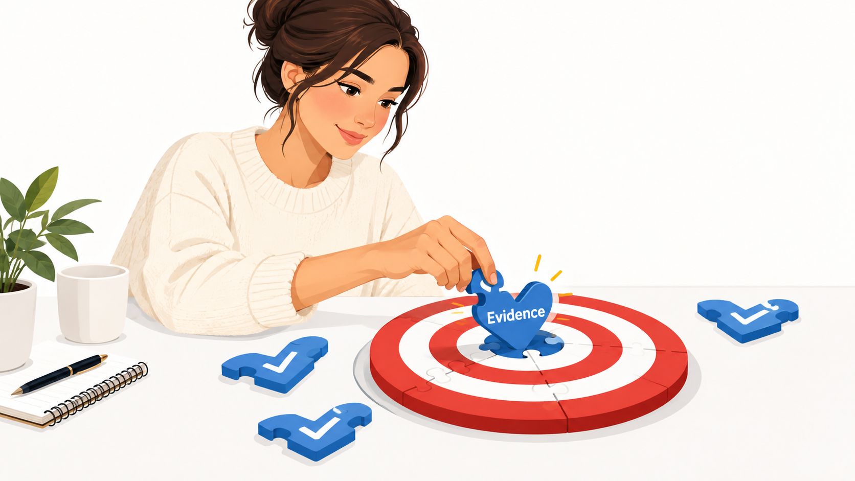 A woman placing a blue puzzle piece labeled Evidence into the center of a target puzzle.