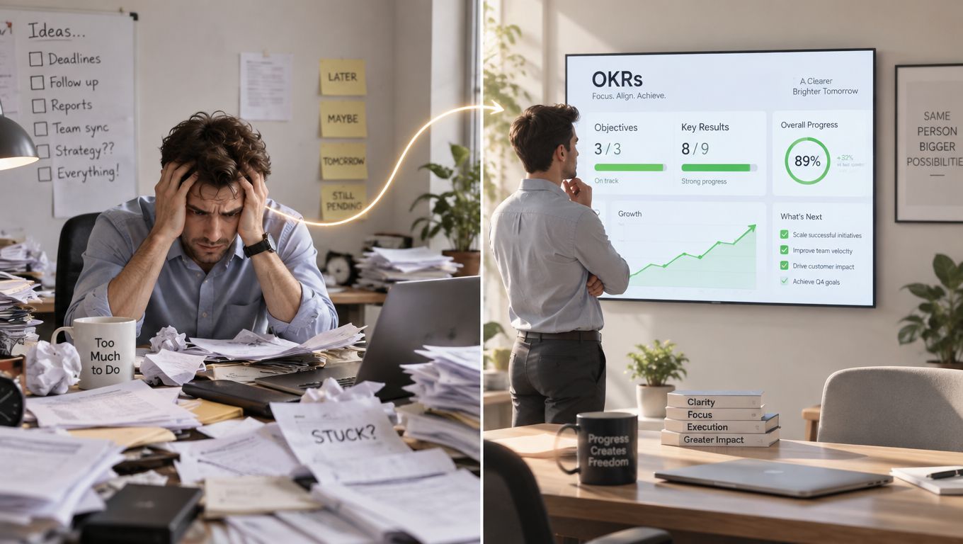 A split-screen comparison showing a stressed person overwhelmed by work versus an organized person focused on OKRs.