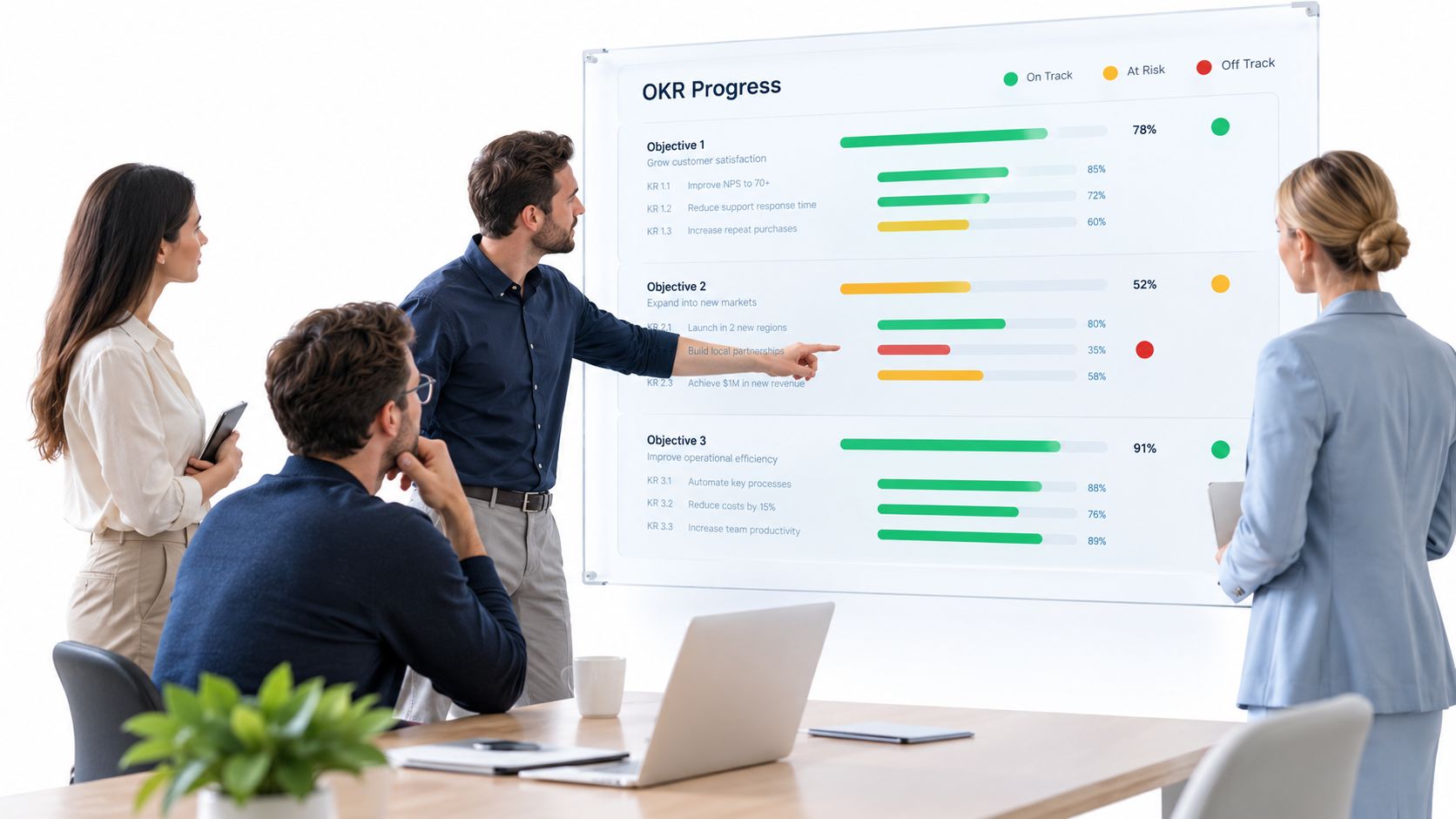 A professional team discussing business goals and progress presented on a whiteboard during a corporate strategy meeting.