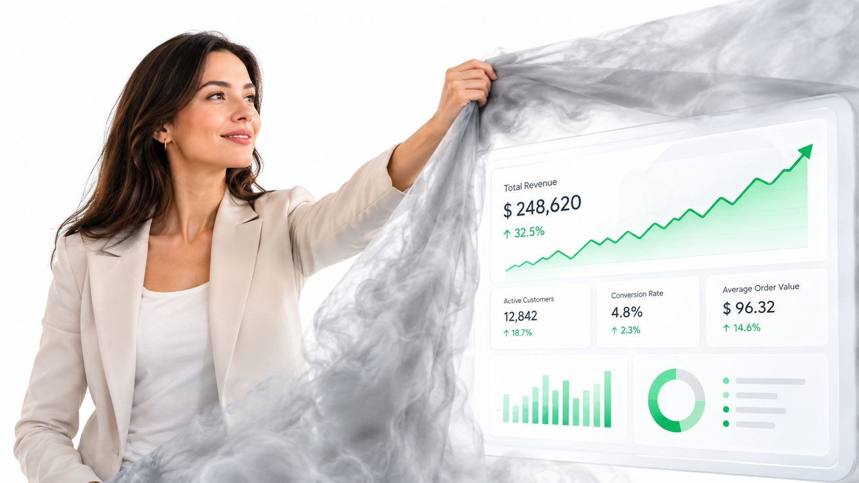 A professional businesswoman revealing a glowing digital dashboard showing positive financial growth and analytics data.