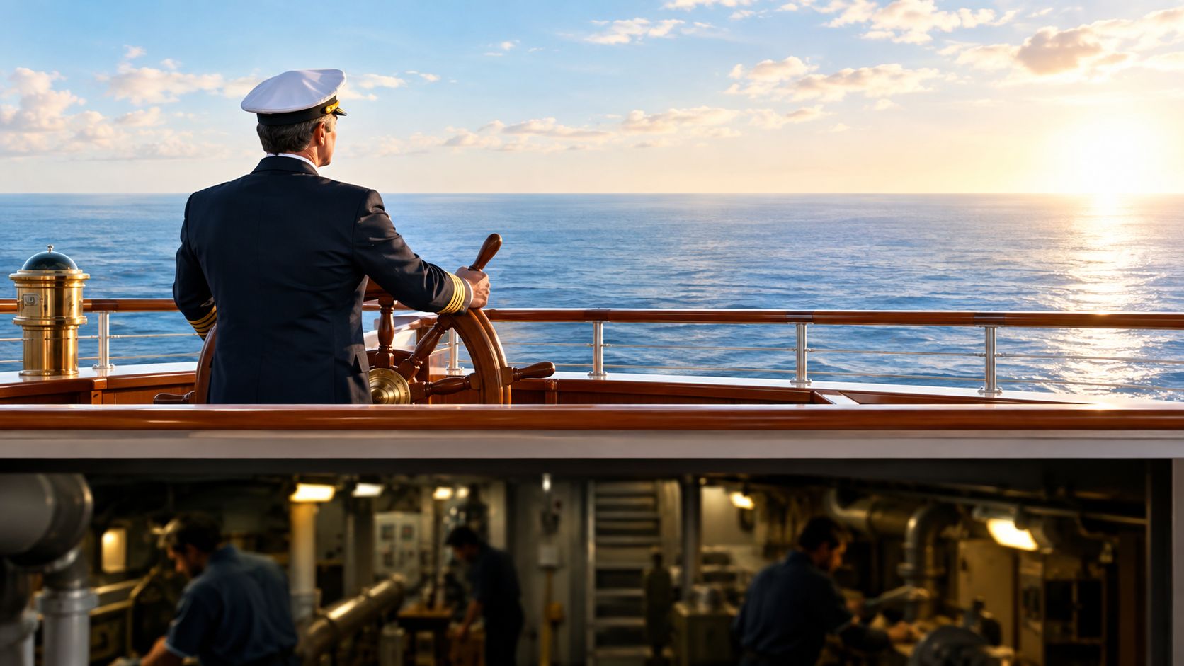 A sea captain stands on the bridge of a ship looking out over the calm ocean horizon.