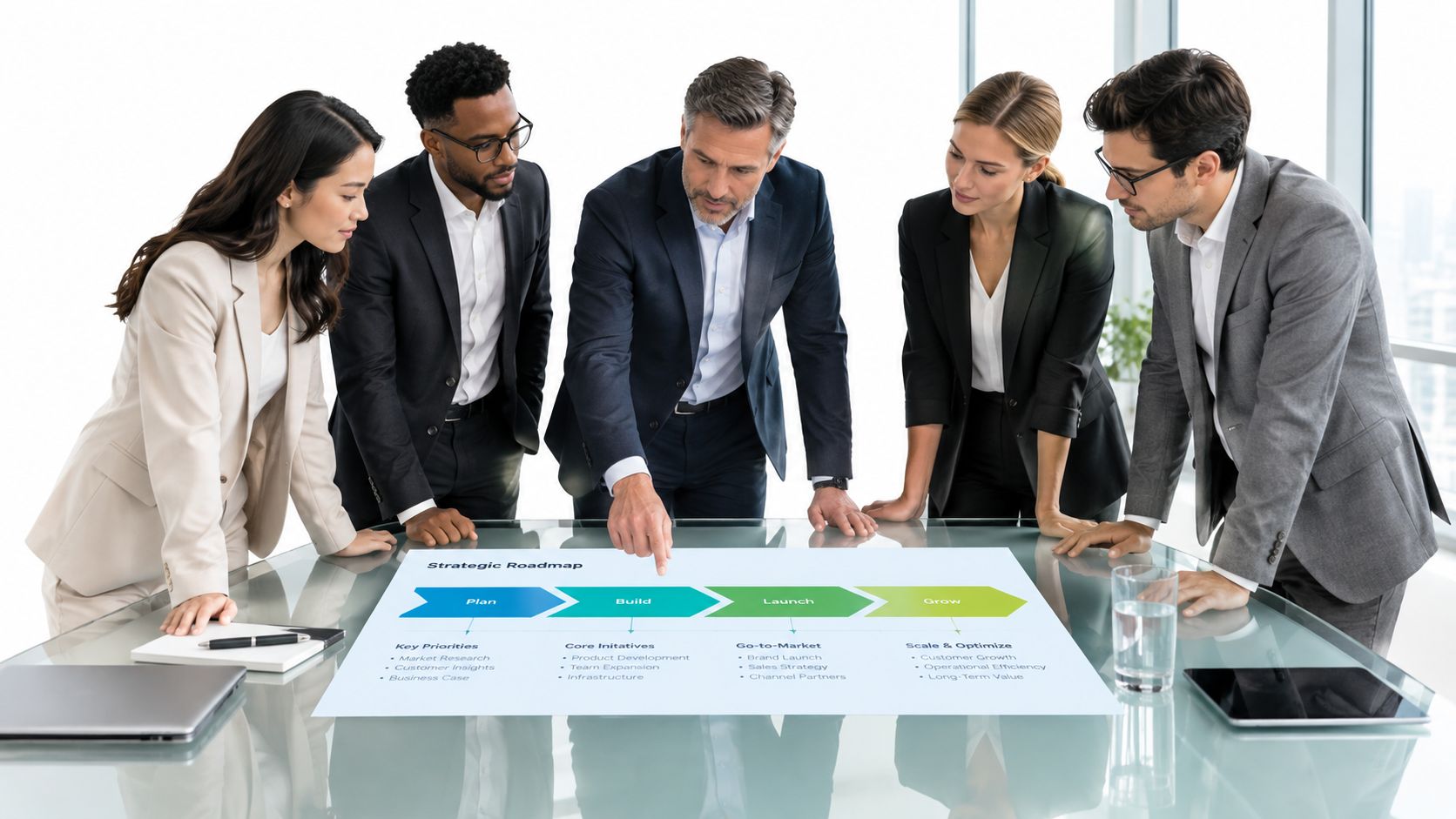 A professional team of business executives collaborates around a table during a strategic roadmap workshop.