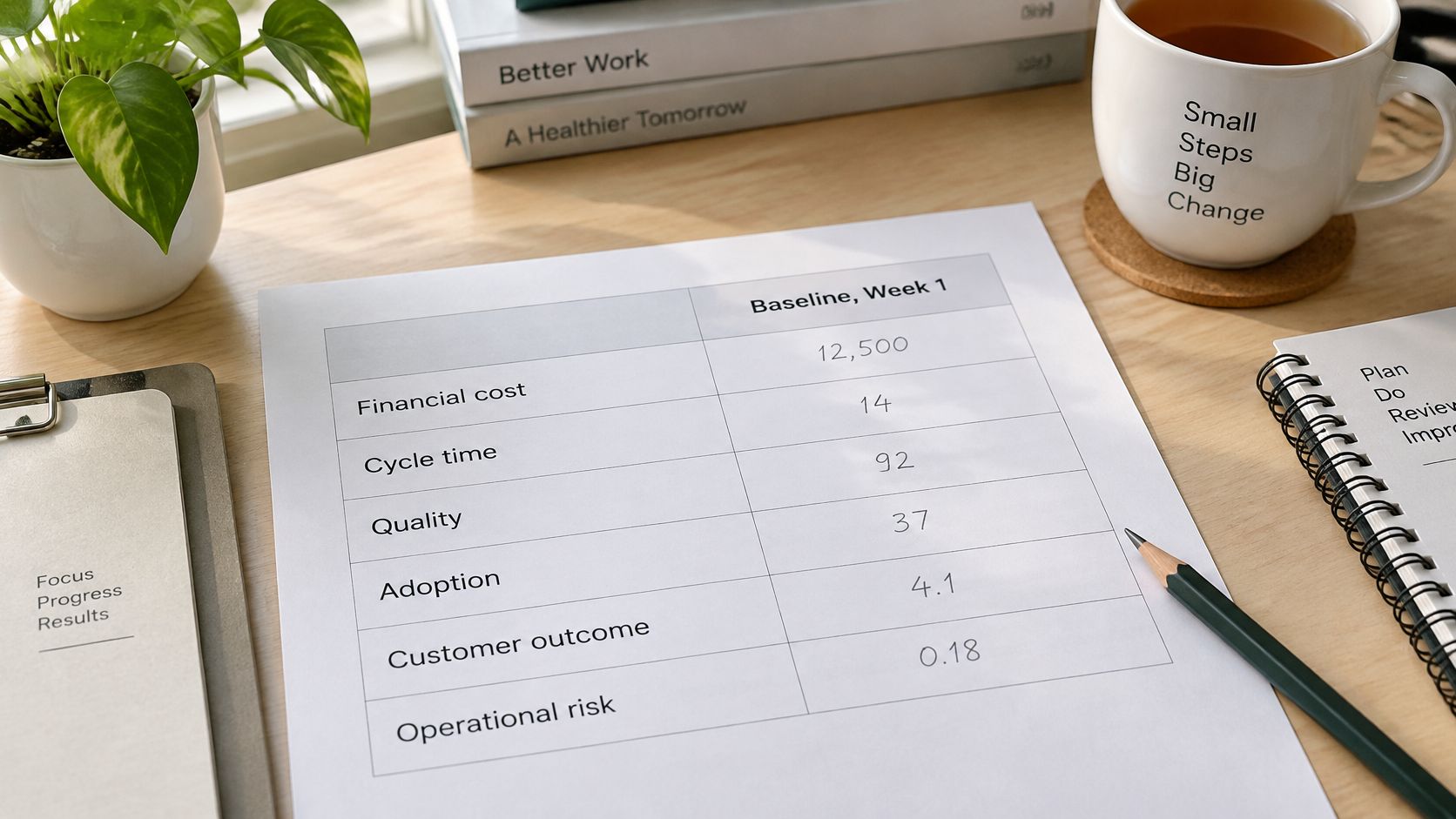 A printed table showing baseline metrics for week one displayed on a wooden desk with office supplies.